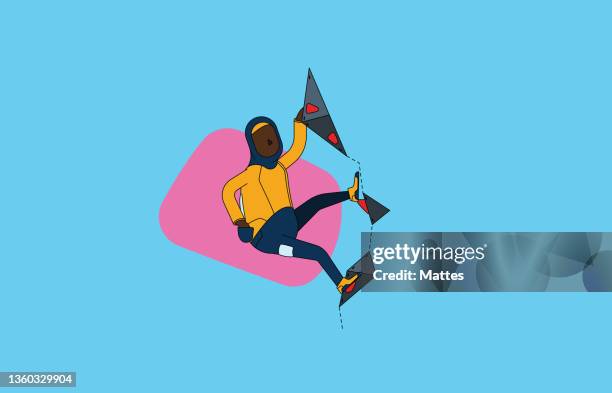 professional woman athlete with headscarf competing in international sport climbing competition. colorful illustration with vibrant blue and pink background. - sport climbing olympics stock illustrations