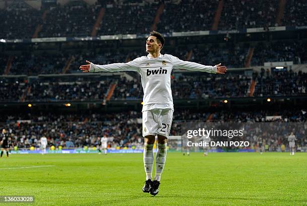 Real Madrid's forward Jose Callejon celebrates after scoring against Ponferradina's during the Spanish King's Cup football match Real Madrid CF vs...