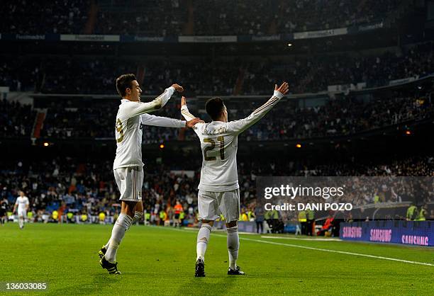 Real Madrid's forward Jose Callejon celebrates after scoring against Ponferradina's during the Spanish King's Cup football match Real Madrid CF vs...