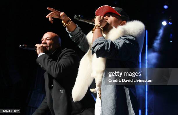 Rappers Common and Big Sean perform on stage during Power 106's Cali Christmas 2011 at Gibson Amphitheatre on December 16, 2011 in Universal City,...
