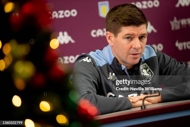 Steven Gerrard, head coach of Aston Villa, talks to the press during a press conference at Bodymoor Heath training ground on December 22, 2021 in...