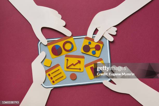 hands holding a digital tablet with charts - marketing cartoon stock pictures, royalty-free photos & images