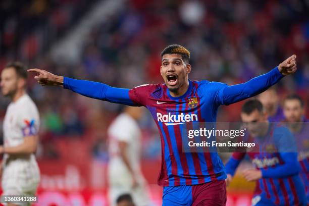 Ronald Araujo of FC Barcelona celebrates scoring their teams first goal during the LaLiga Santander match between Sevilla FC and FC Barcelona at...