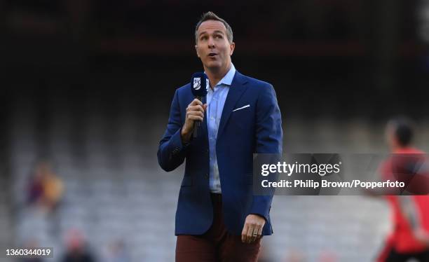 Michael Vaughan working for Fox television during the Men's Big Bash League match between the Melbourne Renegades and the Perth Scorchers at Marvel...