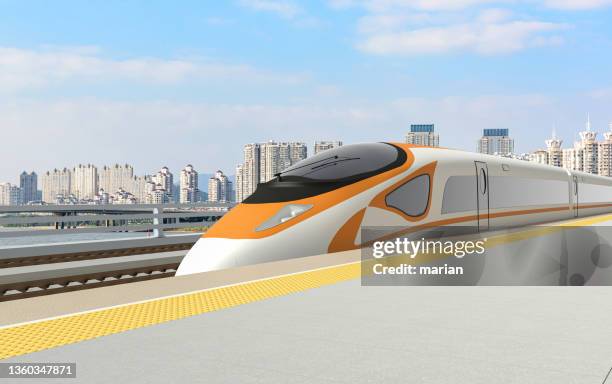 the high-speed train arrives at the station on time and the urban landscape - produced by 3d graphics software - railway station platform stock pictures, royalty-free photos & images