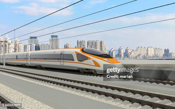 the high-speed train passes through the urban center quickly - made by 3d graphics software - 3d train ストックフォトと画像