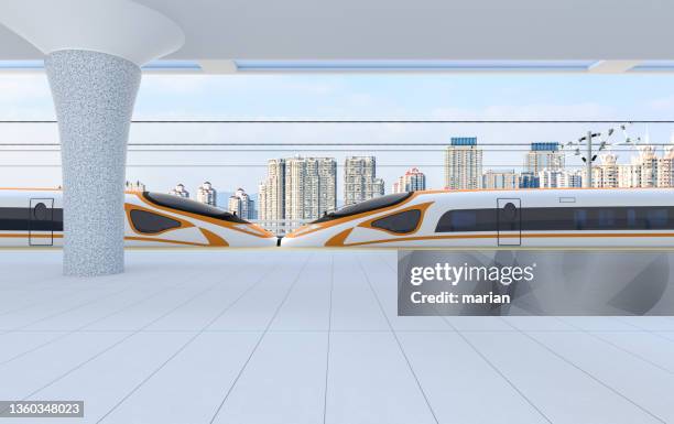 high speed trains and urban scenery from a low perspective - made by 3d graphics software - china high speed rail stock pictures, royalty-free photos & images