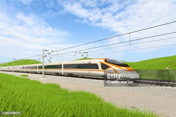 low angle view of high-speed trains and desert grasslands - generated by 3d graphics software - china high speed rail stock pictures, royalty-free photos & images