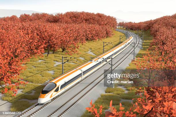 high speed train, passing through maple trees - generated by 3d graphics software - high speed train ストックフォトと画像