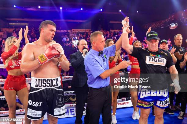 Paul Gallen wins his fight against Darcy Lussick during their Footy Fight Night Christmas Bash heavyweight bout at The Star on December 22, 2021 in...