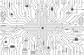 Circuit board background. CPU microchip, abstract conductor scheme and other circuit components. Computer motherboard, digital abstract background