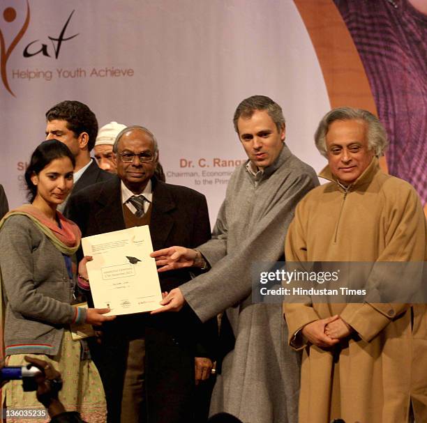 Jammu & Kashmir Chief Minister, Omar Abdullah distributing appointment letters under Himayat project along with Union Rural Development Minister,...