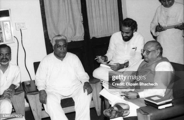 Chimanbhai Patel, Chief Minister of Gujarat, meeting Mr Keshubhai Patel, Deputy Chief Minister of Gujarat, at Gandhinagar on 7th February 1990; in...