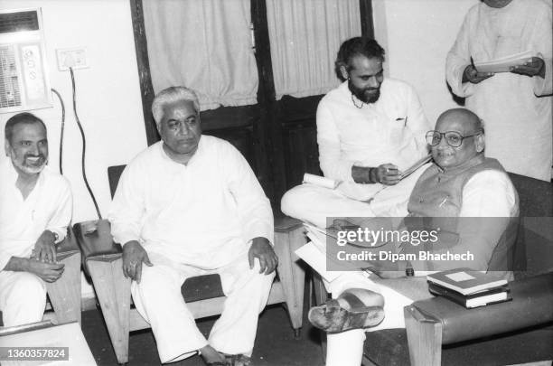 Chimanbhai Patel, Chief Minister of Gujarat, meeting Mr Keshubhai Patel, Deputy Chief Minister of Gujarat, at Gandhinagar on 7th February 1990; in...