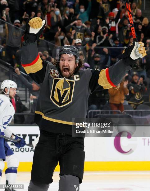 Mark Stone of the Vegas Golden Knights celebrates his second-period goal against the Tampa Bay Lightning during their game at T-Mobile Arena on...