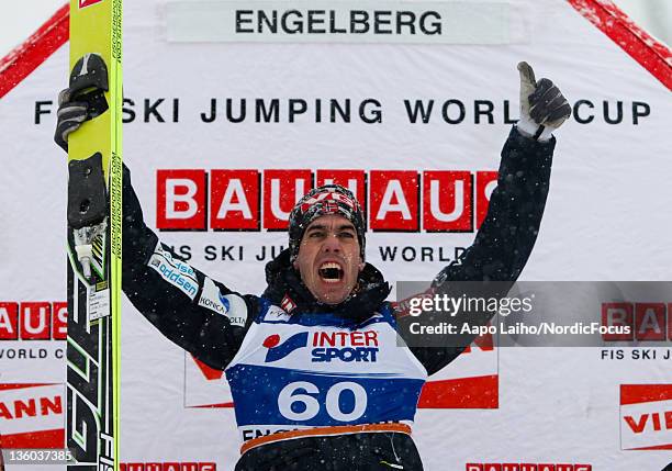 Anders Bardal of Norway celebrates the victory in the Men's Ski Jumping HS137 during day one of the FIS World Cup Ski Jumping on December 17, 2011 in...