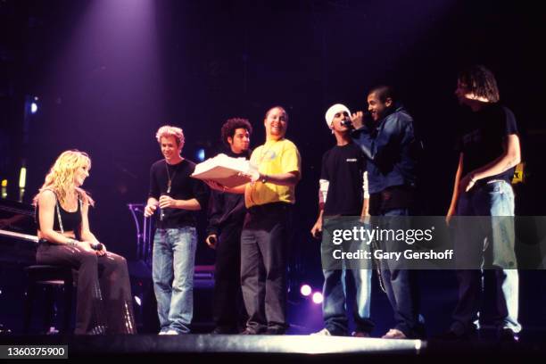 American Pop singer Britney Spears is presented with birthday cake, onstage during her 'Dream Within a Dream' tour, at Continental Airlines Arena ,...