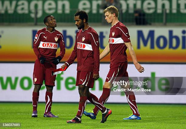 Cacau of Stuttgart looks dejected after the Bundesliga match between VfL Wolfsburg and VfB Stuttgart at the Volkswagen Arena on December 17, 2011 in...