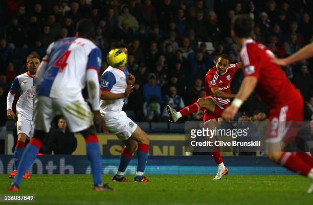 Peter Odemwingie of West Bromwich Albion scores the second and winning goal during the Barclays Premier League match between Blackburn Rovers and...