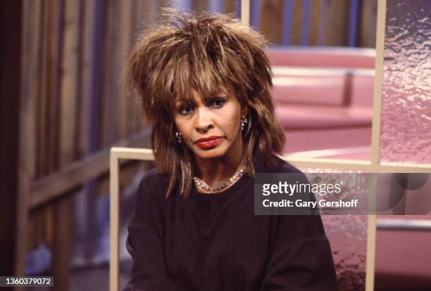 View of American R&B, Rock, and Pop singer Tina Turner during an interview on MTV at Teletronic Studios, New York, New York, August 22, 1984.