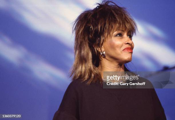 Portrait of American R&B, Rock, and Pop singer Tina Turner during an interview on MTV at Teletronic Studios, New York, New York, August 22, 1984.