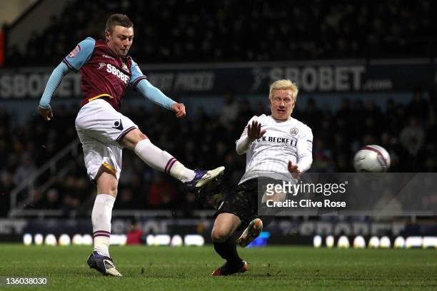 Freddie Sears of West Ham United shoots at goal during the npower Championship match between West Ham United and Barnsley at the Boleyn Ground on...
