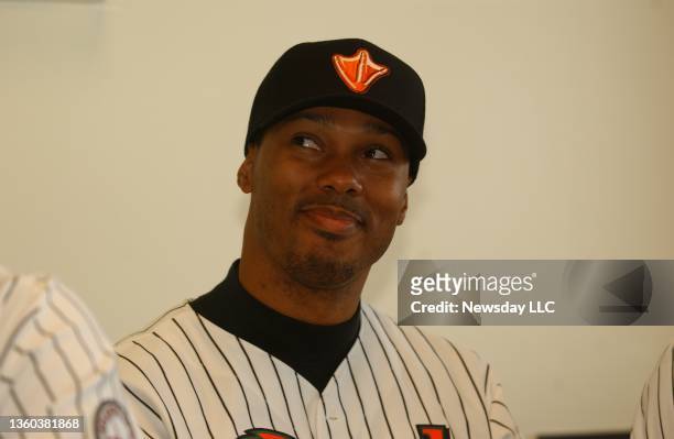 The Long Island Ducks new outfielder Kimera Bartee during a press conference the day before the first day of the season at CitiBank Park in Central...
