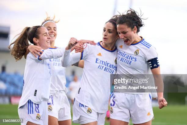 Esther Gonzalez of Real Madrid celebrates with team mates after scoring their team's first goal during the Primera Iberdrola match between Real...