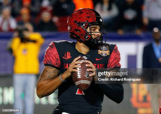 Lucas Johnson of the San Diego State Aztecs looks to pass against the UTSA Roadrunners at Toyota Stadium on December 21, 2021 in Frisco, Texas.