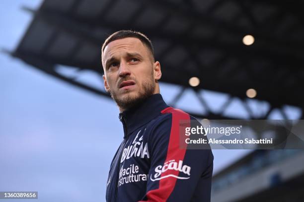 Marko Arnautovic of Bologna FC looks on during the Serie A match between US Sassuolo and Bologna FC at Mapei Stadium - Citta' del Tricolore on...
