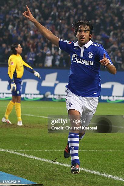 Raul Gonzalez of Schalke celebrates the first goal during the Bundesliga match between FC Schalke 04 and SV Werder Bremen at Veltins Arena on...