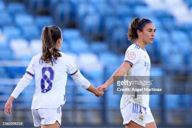 Nahikari Garcia of Real Madrid celebrates with Maite Oroz after scoring their team's second goal during the Primera Iberdrola match between Real...