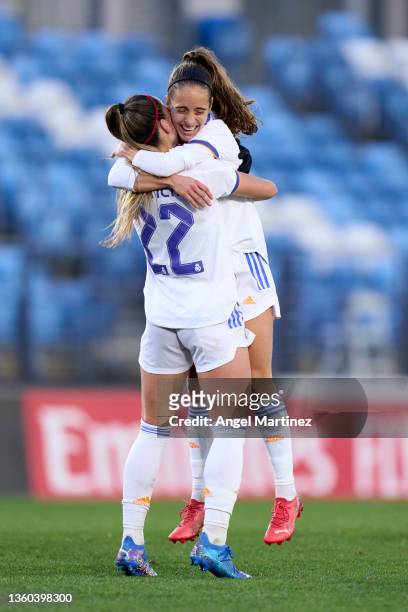 Athenea del Castillo of Real Madrid celebrates with Maite Oroz after scoring their team's third goal during the Primera Iberdrola match between Real...