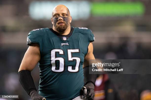 Lane Johnson of the Philadelphia Eagles walks off the field after the game against the Washington Football Team at Lincoln Financial Field on...