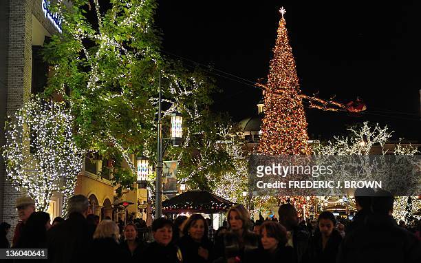 Huge Christmas Tree is decorated and displayed for the festive season in Los Angeles, California, on December 20, 2011. The 110-foot Christmas Tree...