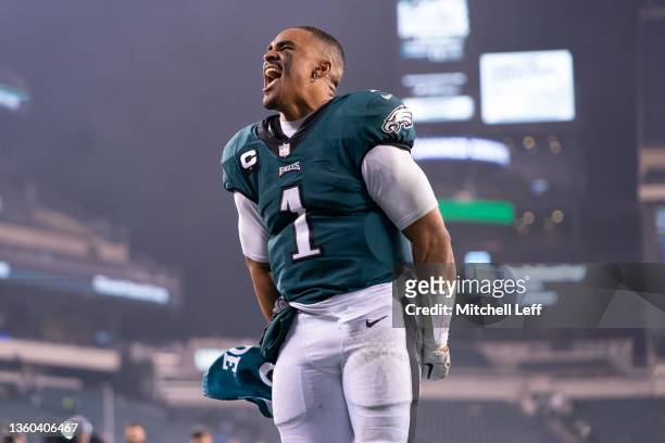 Jalen Hurts of the Philadelphia Eagles reacts after the game against the Washington Football Team at Lincoln Financial Field on December 21, 2021 in...