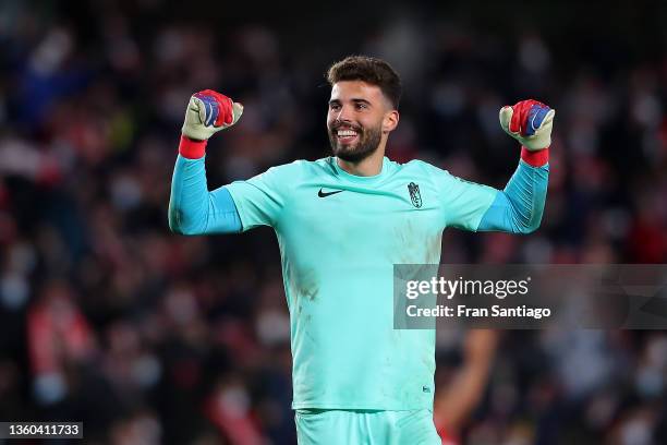 Granada goalkeeper Luis Maximiano celebrates their second goal during the La Liga Santander match between Granada CF and Club Atletico de Madrid at...