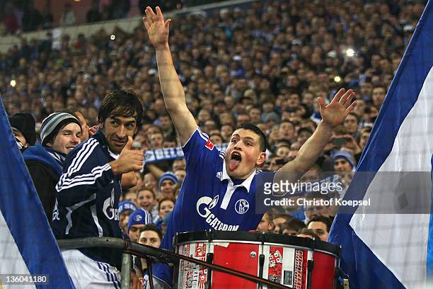 Raul Gonzalez and Kyriakos Papadopoulos of Schalke celebrate after the Bundesliga match between FC Schalke 04 and SV Werder Bremen at Veltins Arena...