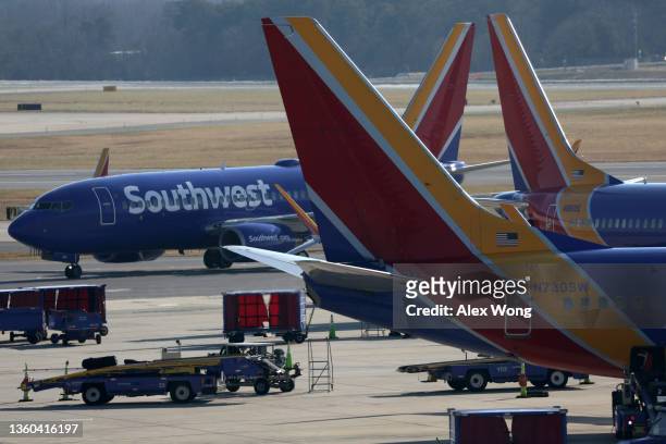 Southwest Airlines aircrafts are seen at Baltimore/Washington International Thurgood Marshall Airport on December 22, 2021 in Baltimore, Maryland....
