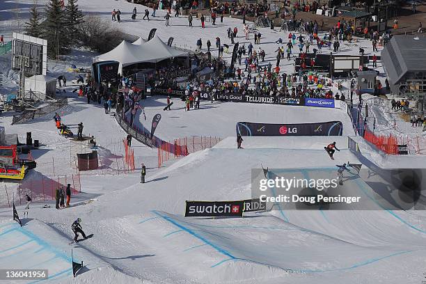 General view of the course and the finish area riders compete in the team snowboardcross at the LG Snowboard FIS World Cupon December 17, 2011 in...