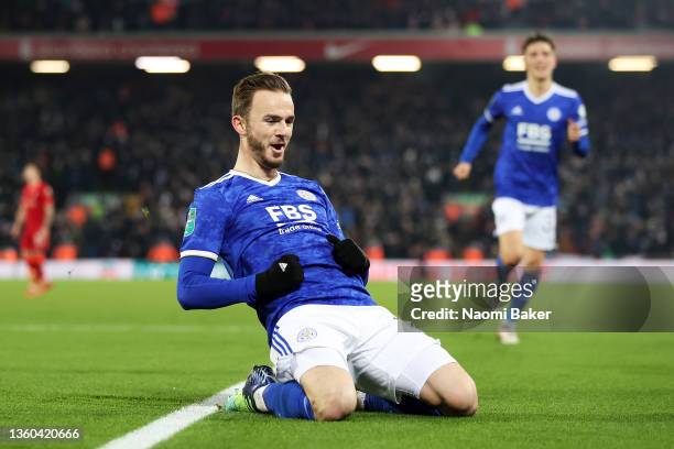 James Maddison of Leicester City celebrates after he scores his teams third goal of the game during the Carabao Cup Quarter Final match between...