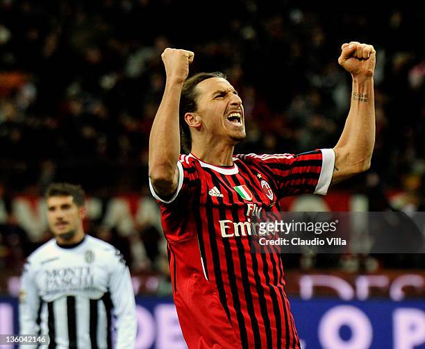Zlatan Ibrahimovic of AC Milan celebrates scoring the second goal during the Serie A match between AC Milan and AC Siena at Stadio Giuseppe Meazza on...