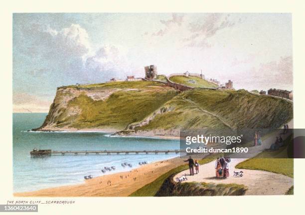 vintage illustration north cliff, castle ruins, beach, pier, scarborough, north yorkshire, victorian 19th century - old england stock illustrations
