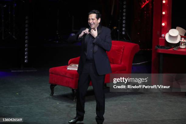 Laurent Gerra imitates Céline Dion during the "Laurent Gerra sans Moderation" Show at L'Olympia on December 21, 2021 in Paris, France.