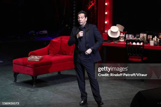 Laurent Gerra imitates Céline Dion during the "Laurent Gerra sans Moderation" Show at L'Olympia on December 21, 2021 in Paris, France.