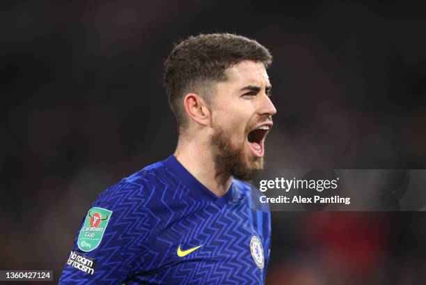 Jorginho of Chelsea celebrates after scoring their side's second goal from the penalty spot during the Carabao Cup Quarter Final match between...