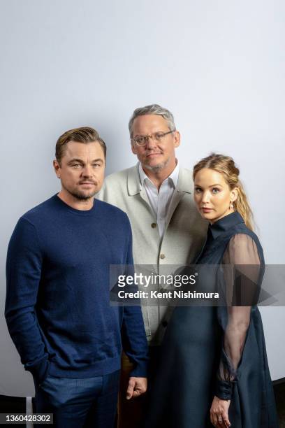 Actress Jennifer Lawrence, director Adam McKay and actor Leonardo DiCaprio are photographed for Los Angeles Times on December 6, 2021 in New York...