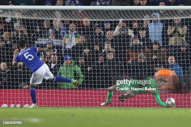 Ryan Bertrand of Leicester City takes and see his penalty saved against Goalkeeper, Caoimhin Kelleher of Liverpool during the Carabao Cup Quarter...