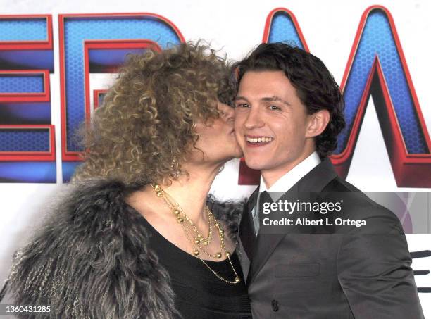 Amy Pascal and Tom Holland attend Sony Pictures' "Spider-Man: No Way Home" Los Angeles Premiere held at The Regency Village Theatre on December 13,...