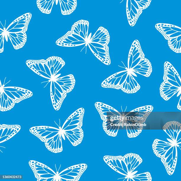 stockillustraties, clipart, cartoons en iconen met white butterflies on a blue background seamless pattern - elegans